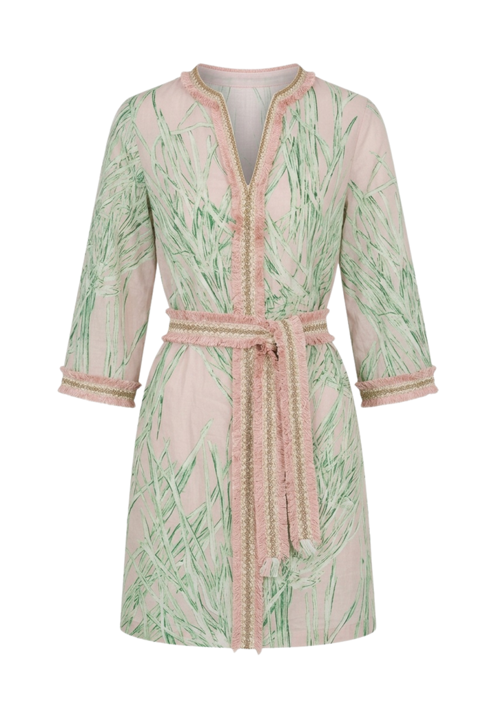 Light pink and green patterned robe with a belt on a white background
