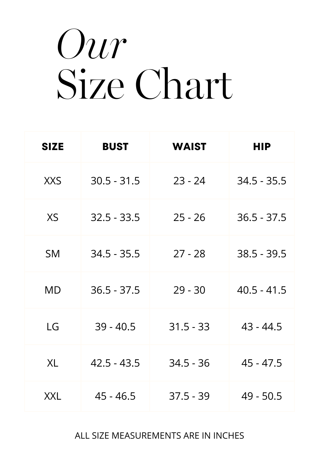 Size chart for dresses by designer Ala von Auersperg for womens luxury travel clothing