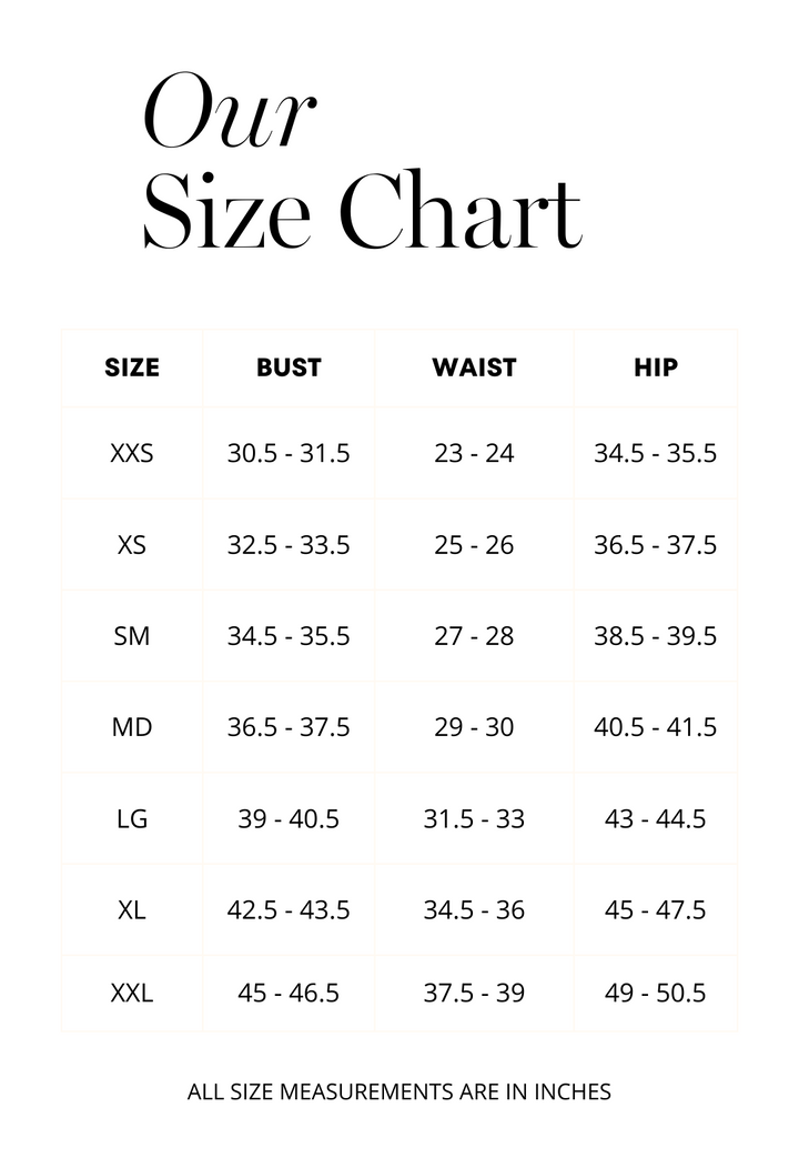 Size chart for dresses by designer Ala von Auersperg for womens luxury travel clothing