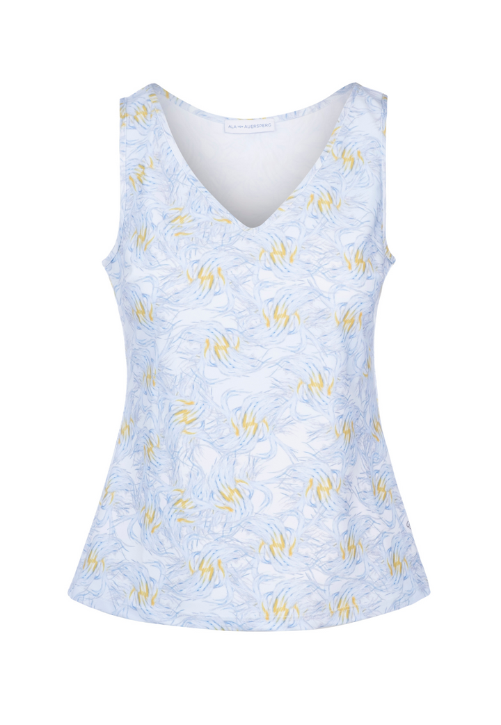 Flat image of a blue and yellow feather printed stretch knit v neck tank top by designer Ala von Auersperg for womens luxury travel clothing