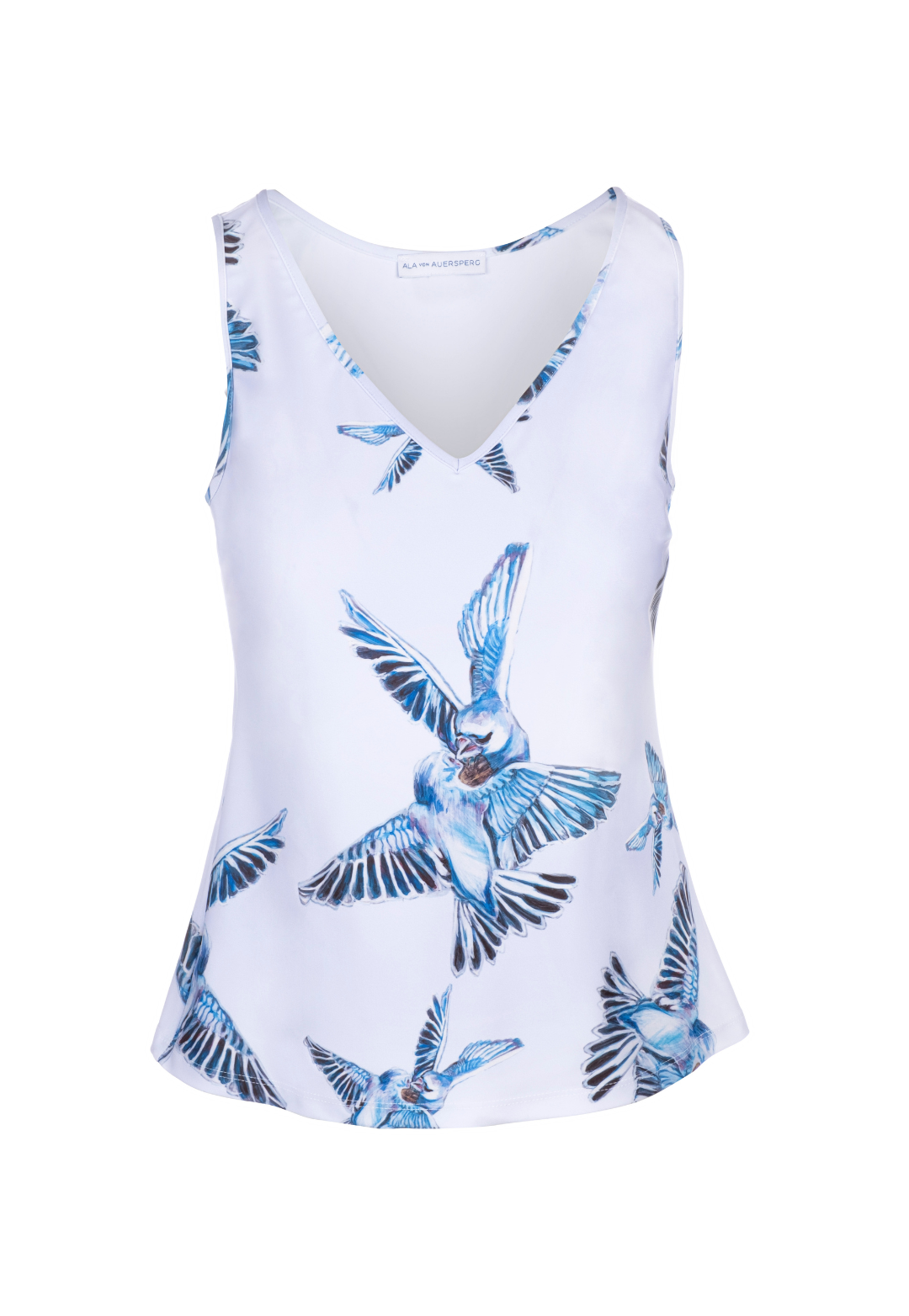 Flat image of a vneck tank top in a blue birds print by designer Ala von Auersperg for womens luxury travel clothing