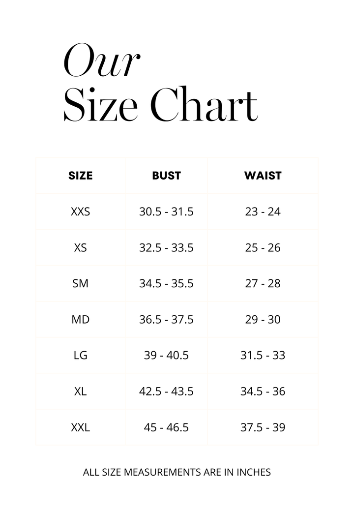 Size chart for tank tops, blouses, tunics, shirts and tops by designer Ala von Auersperg for womens luxury travel clothing