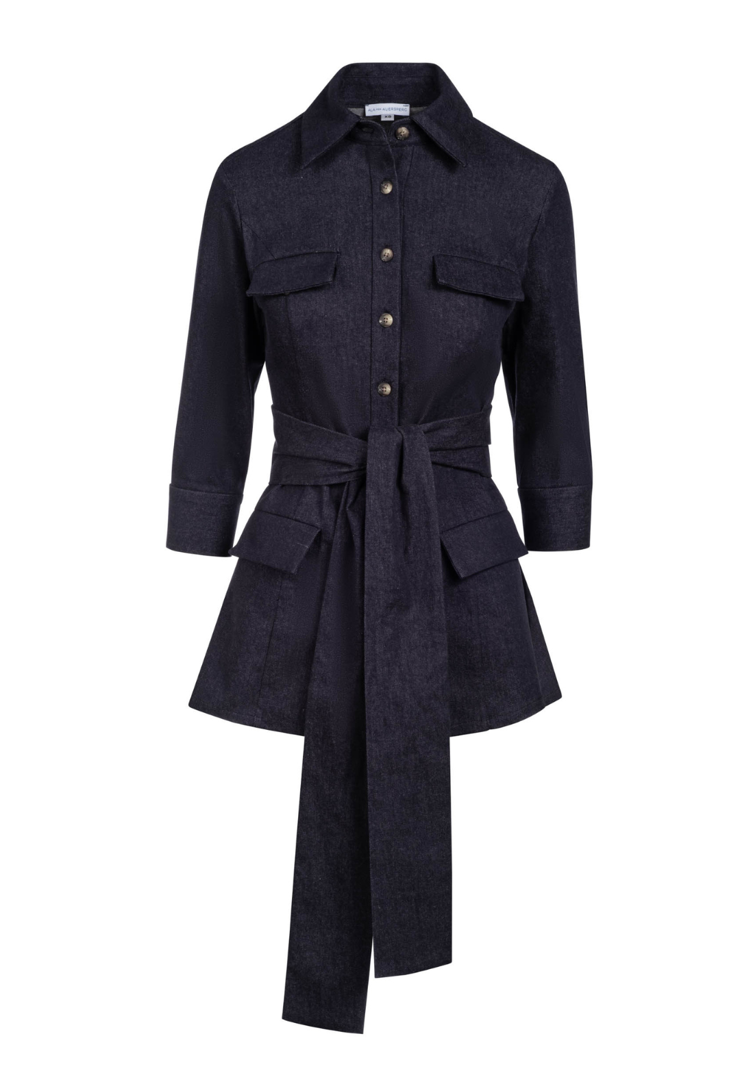 Denim jacket with large belt by designer Ala von Auersperg for womens luxury travel clothing