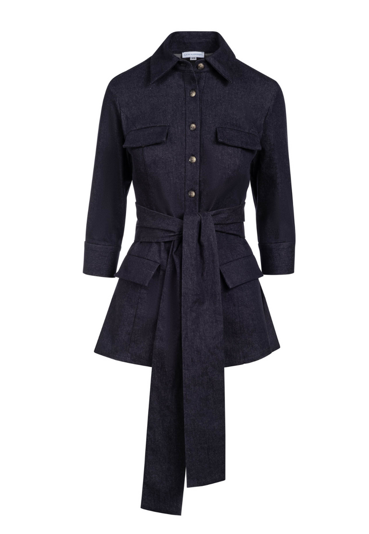 Denim jacket with large belt by designer Ala von Auersperg for womens luxury travel clothing