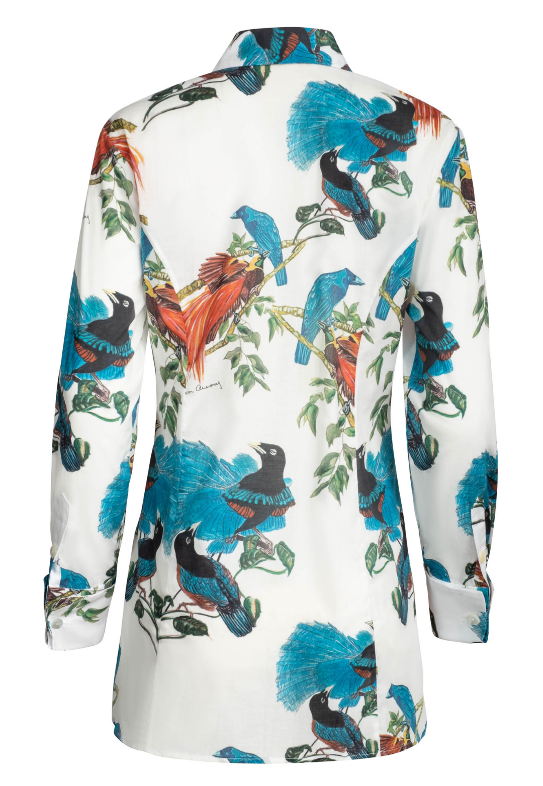 White cotton shirt in a blue birds print by designer Ala von Auersperg for womens luxury travel clothing