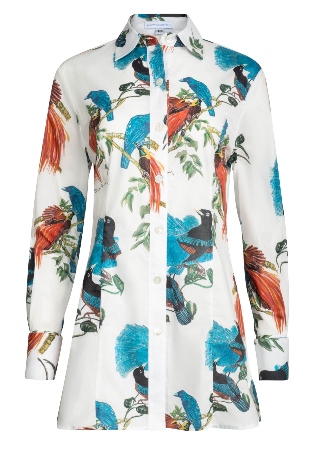 White cotton bird printed shirt by designer Ala von Auersperg for womens luxury travel clothing