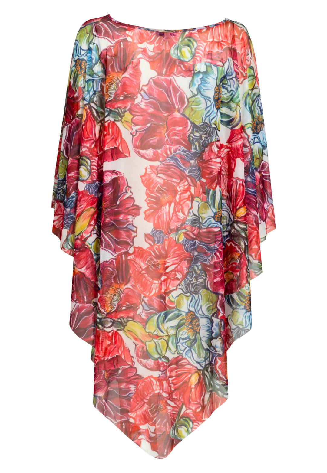 Image of a sheer mesh one size poncho in a red floral print by designer Ala von Auersperg for womens luxury travel clothing