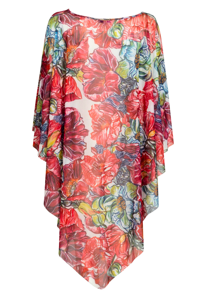 Image of a sheer mesh one size poncho in a red floral print by designer Ala von Auersperg for womens luxury travel clothing