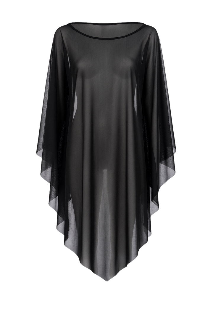 Black sheer mesh poncho cover up by designer Ala von Auersperg for womens luxury travel clothing