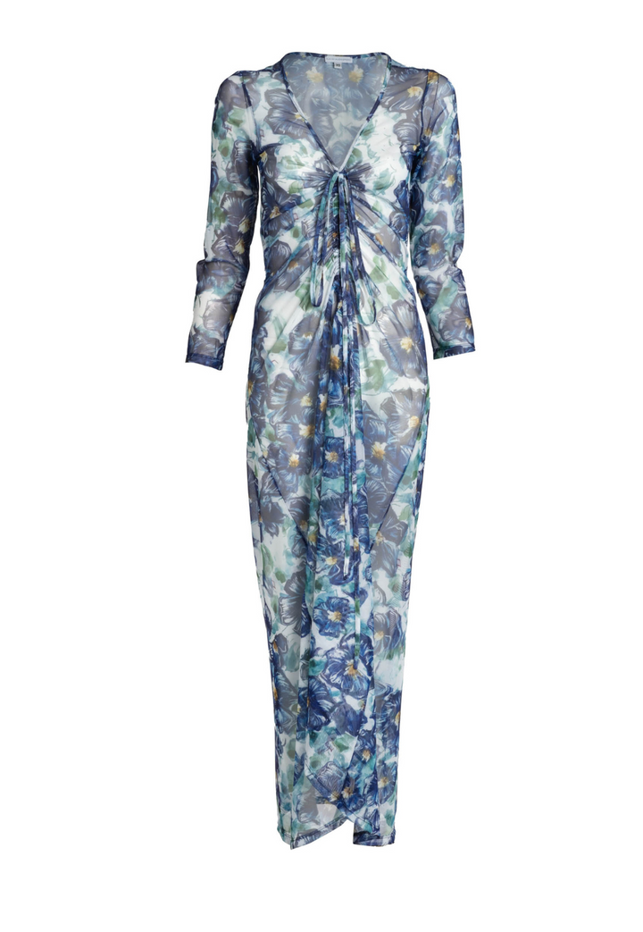 Flat image of a drawstring sheer mesh dress topper in a blue floral print by designer Ala von Auersperg for womens luxury travel clothing