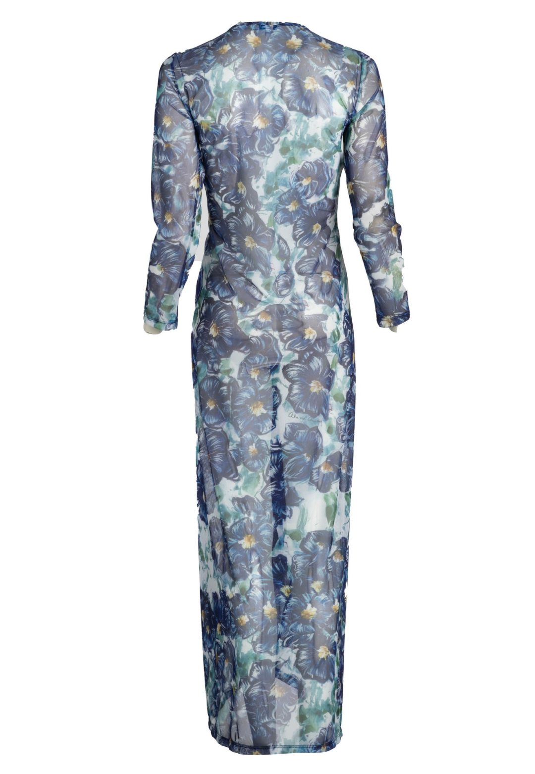 Flat image of the back of a drawstring sheer mesh dress in a blue floral print by designer Ala von Auersperg for womens luxury travel clothing