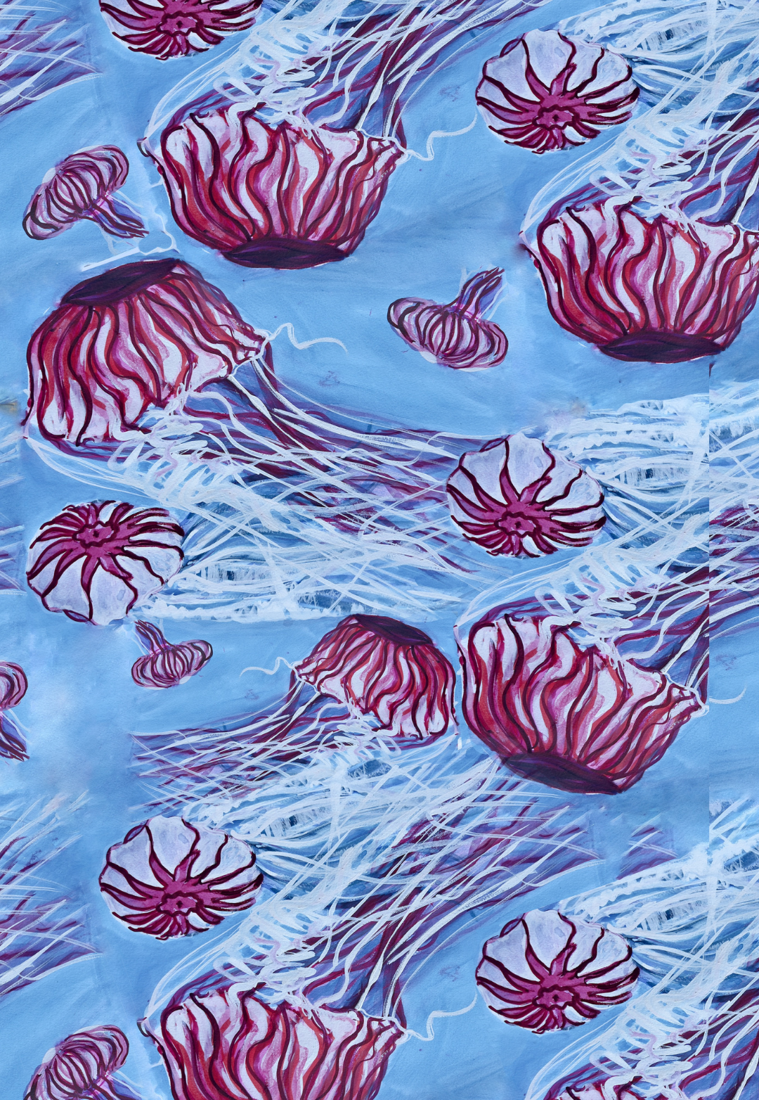 Artistic depiction of jellyfish swimming in water with a blue and purple color scheme.
