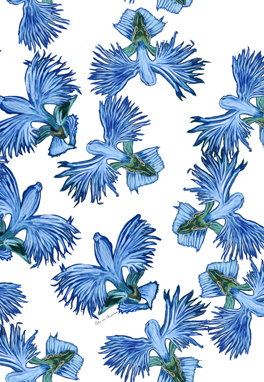 Pattern of blue flowers with green centers on a white background