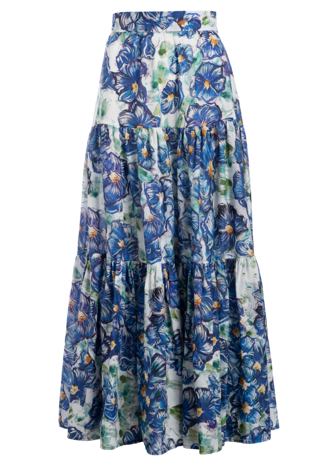 Flat image of a tiered cotton maxi skirt with a blue floral print by designer Ala von Auersperg for womens luxury travel clothing