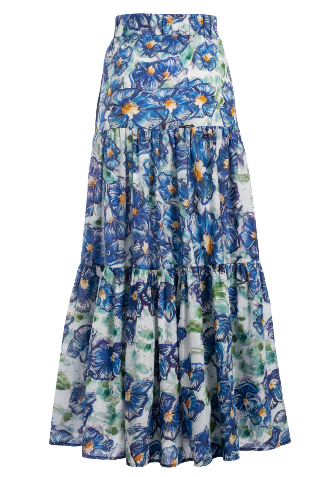 Flat image of a cotton maxi skirt in a blue floral print by designer Ala von Auersperg for womens luxury travel clothing