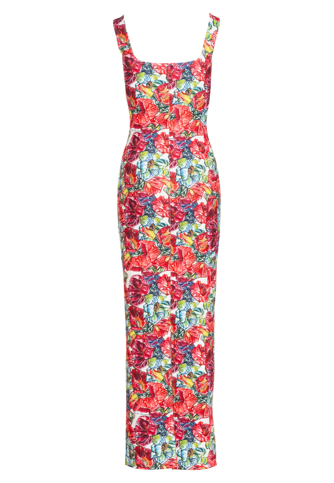 Image of a long stretch knit dress in a red floral print by designer Ala von Auersperg for womens luxury travel clothing