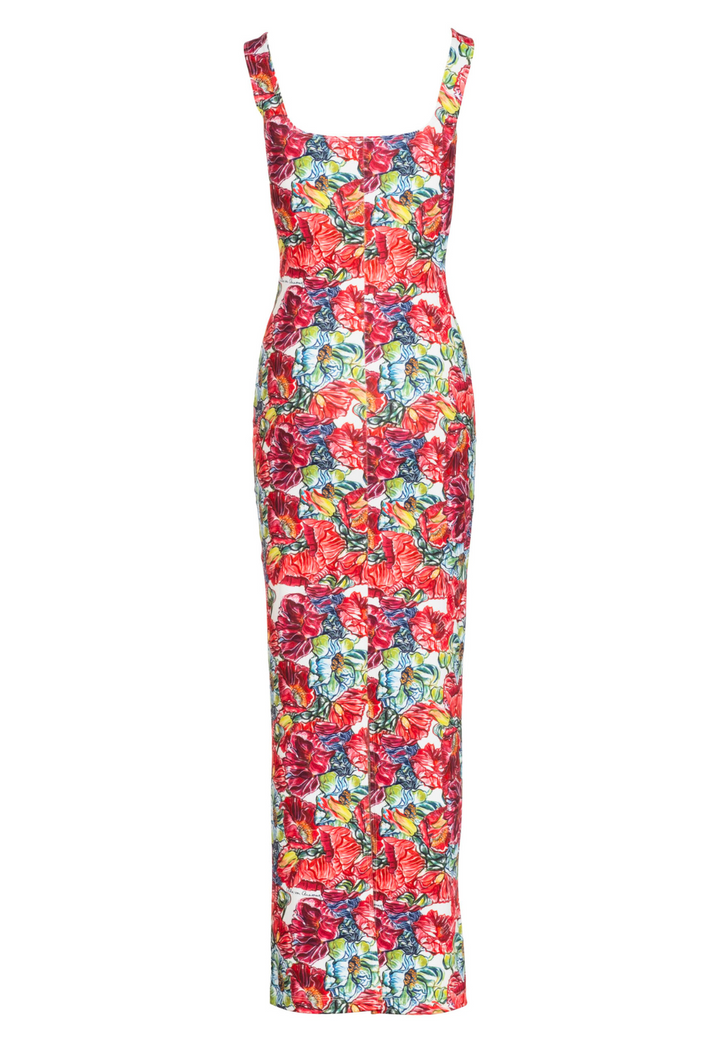 Image of a long stretch knit dress in a red floral print by designer Ala von Auersperg for womens luxury travel clothing
