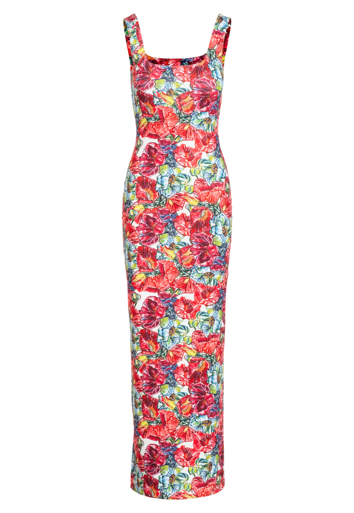 Image of a long stretch knit dress in a red floral print by designer Ala von Auersperg for womens luxury travel clothing
