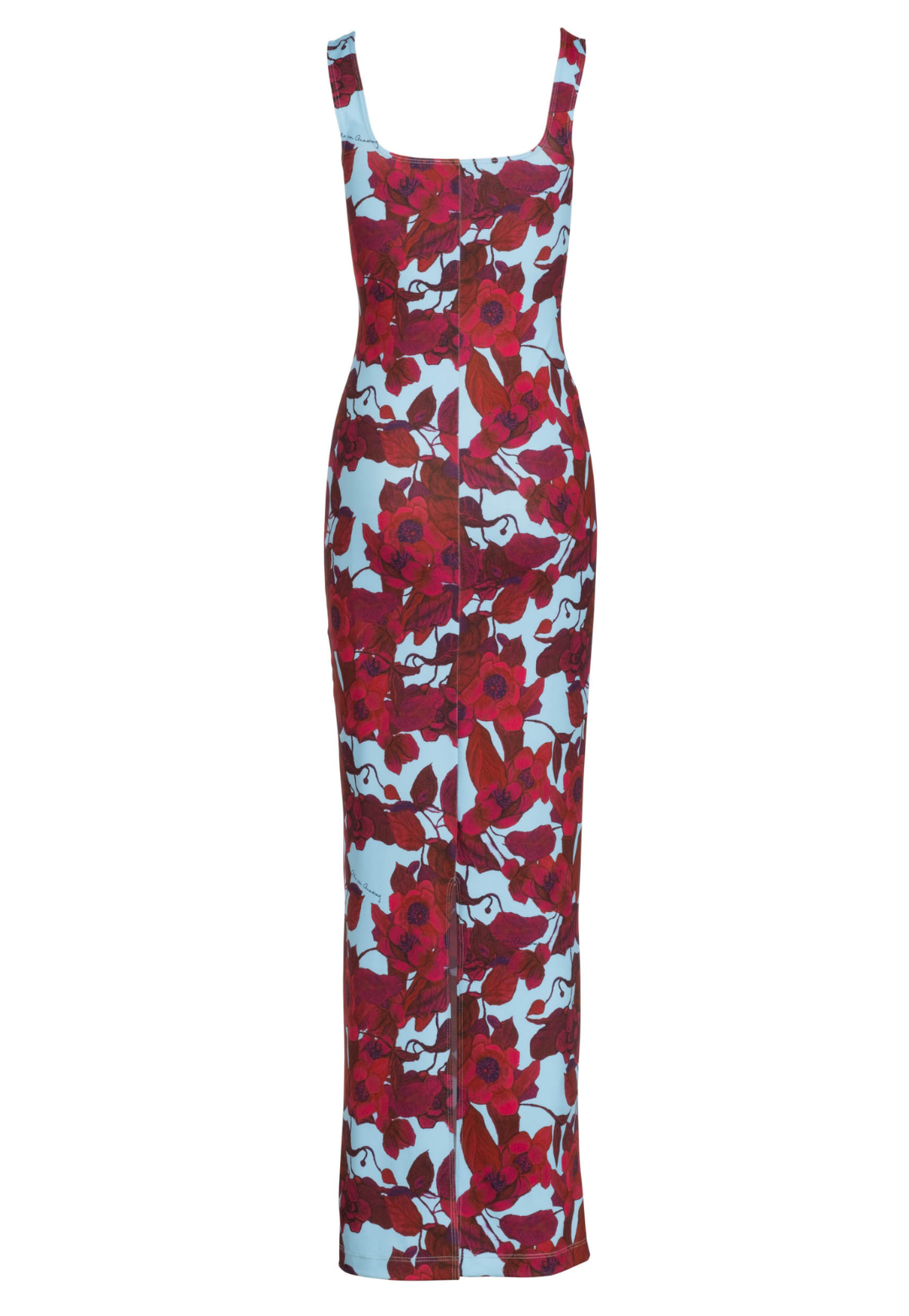 Flat image of a long stretch knit square neck dress in a red floral print with a blue background by designer Ala von Auersperg for womens luxury travel clothing
