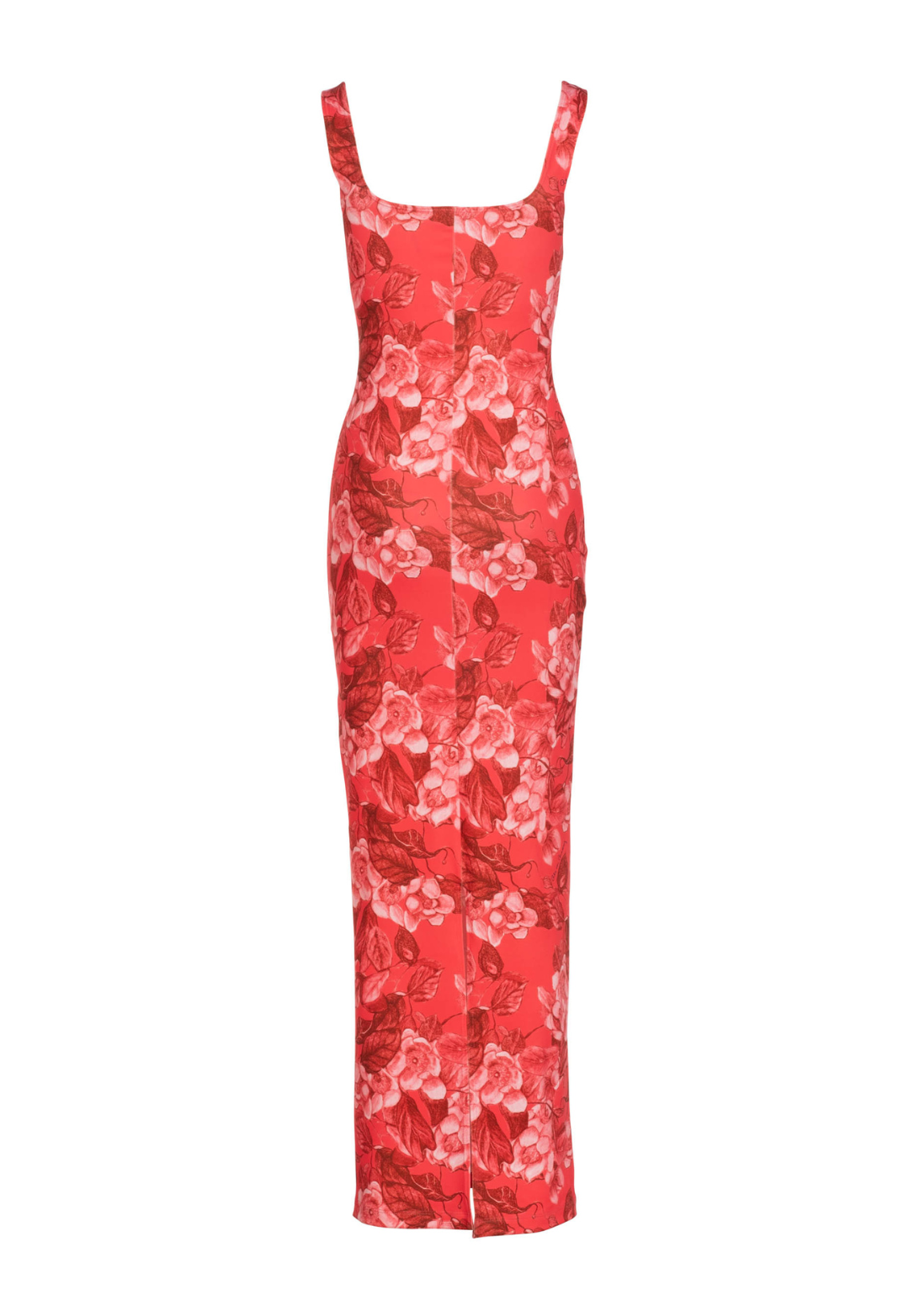 Long stretch knit red floral printed dress by designer Ala von Auersperg for women's luxury travel clothing