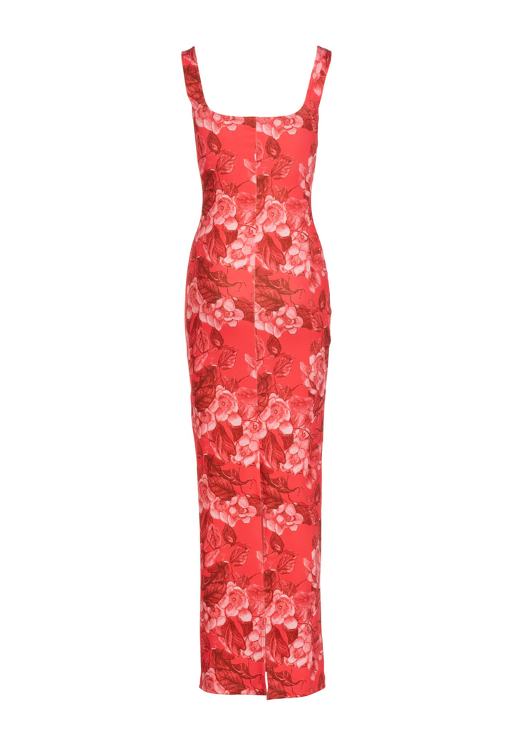 Long stretch knit red floral printed dress by designer Ala von Auersperg for women's luxury travel clothing