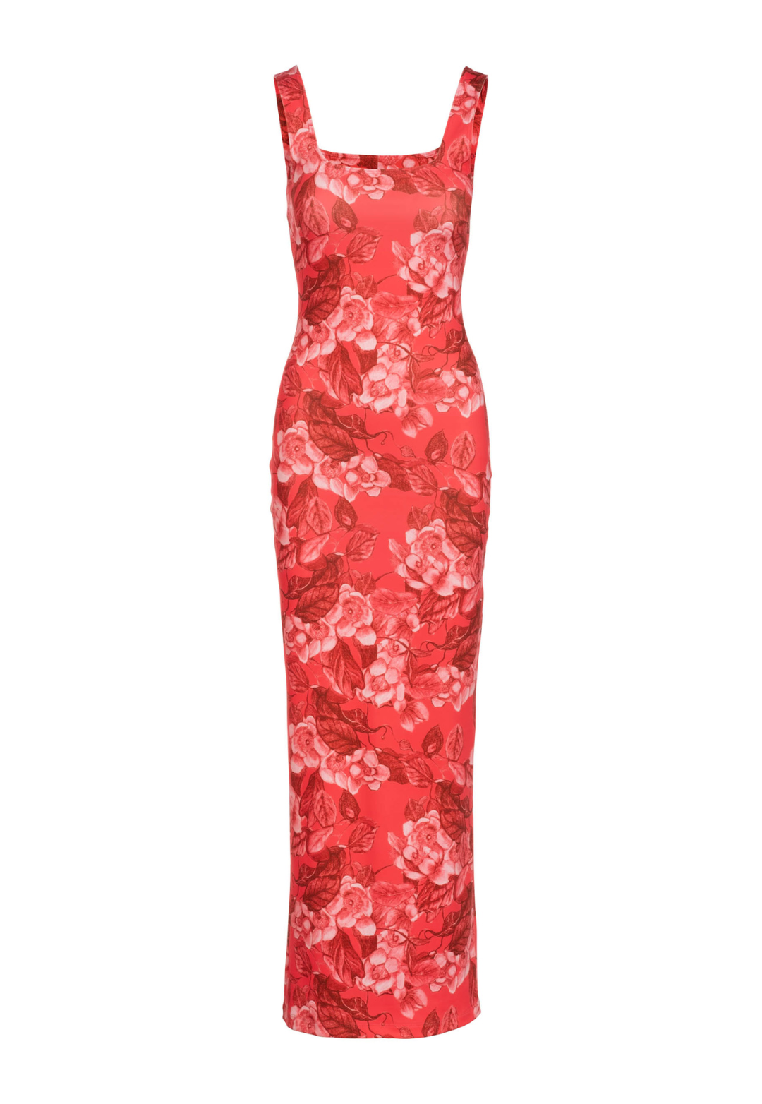 Long stretch knit red floral printed square neck dress by designer Ala von Auersperg for women's luxury travel clothing