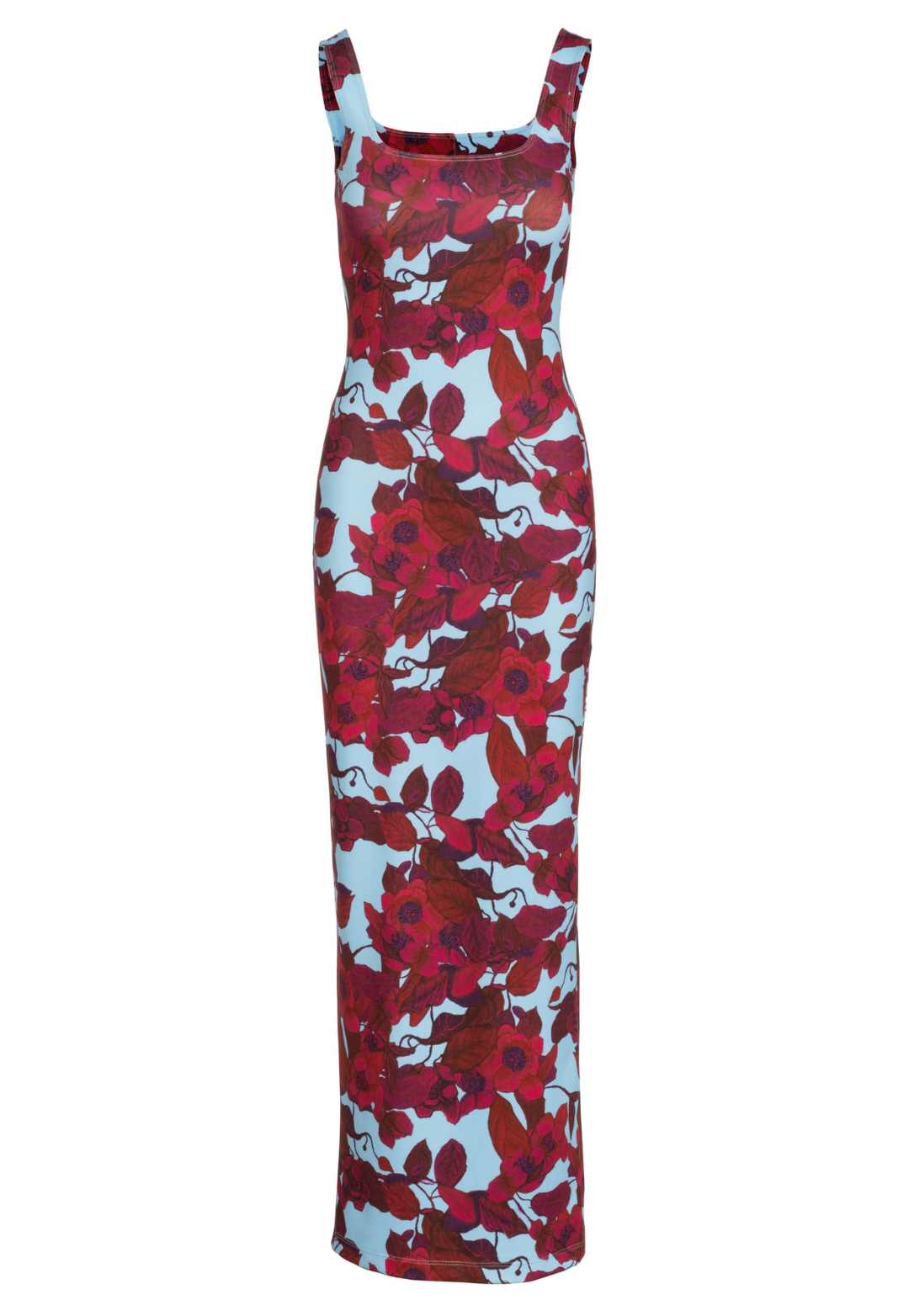Flat image of a square neck long stretch knit dress in a red floral print with a blue background by designer Ala von Auersperg for womens luxury travel clothing