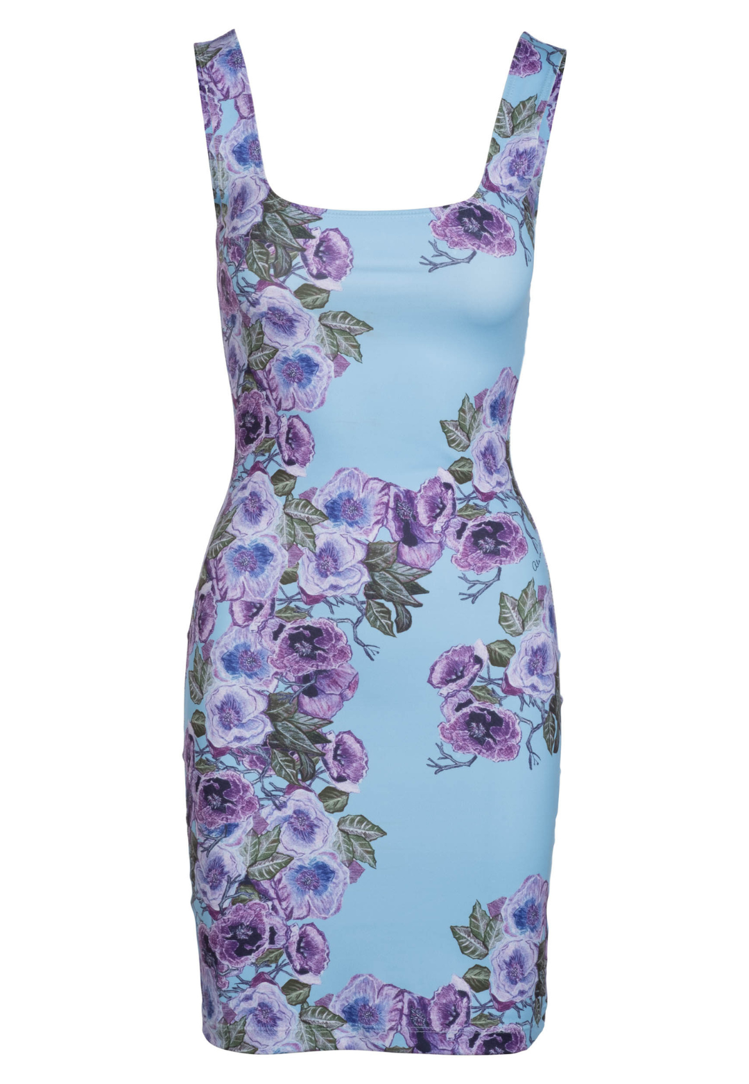 Flat image of a mini dress in a stretch knit fabric in a purple floral print by designer Ala von Auersperg for womens luxury travel clothing