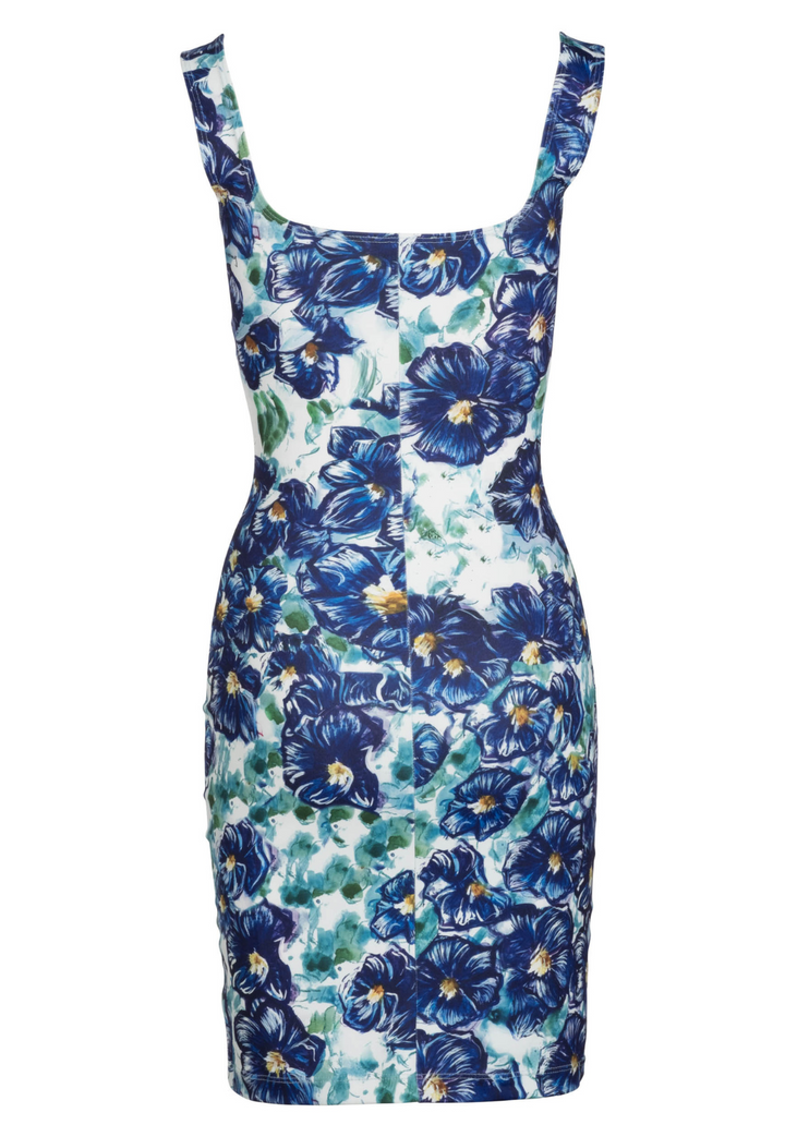 Flat image of the back of a mini stretch knit dress in a blue floral print by designer Ala von Auersperg for womens luxury travel clothing