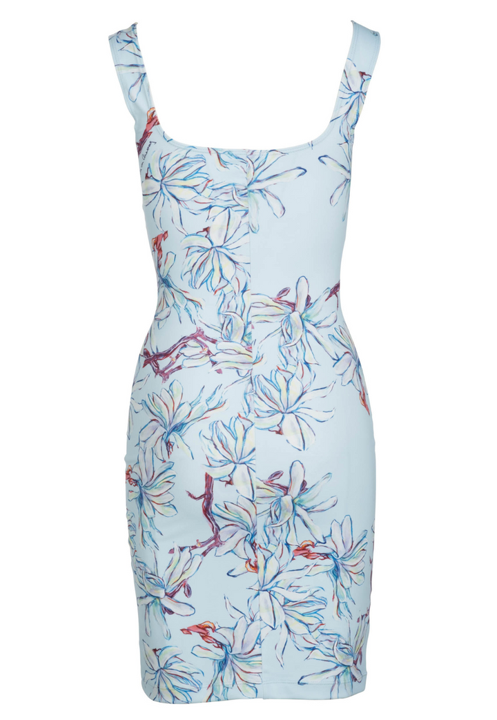Flat image of a short mini stretch knit dress in a blue floral print by designer Ala von Auersperg for womens luxury travel clothing