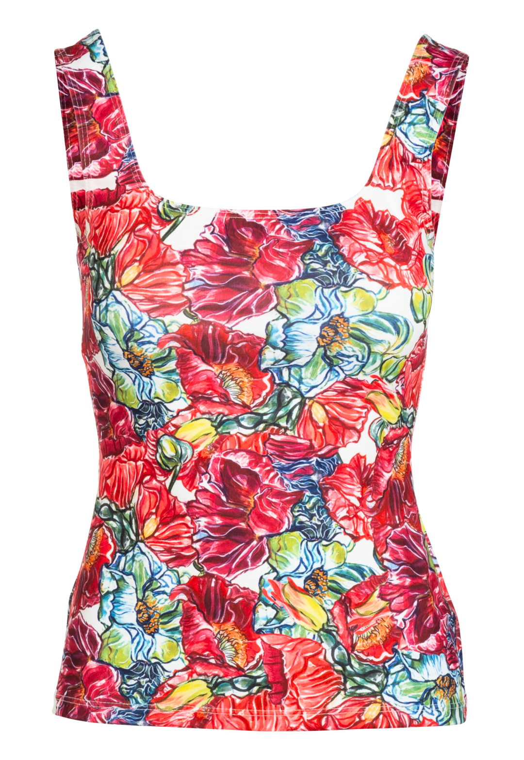 Image of a stretch knit tank top in a red floral print by designer Ala von Auersperg for womens luxury travel clothing