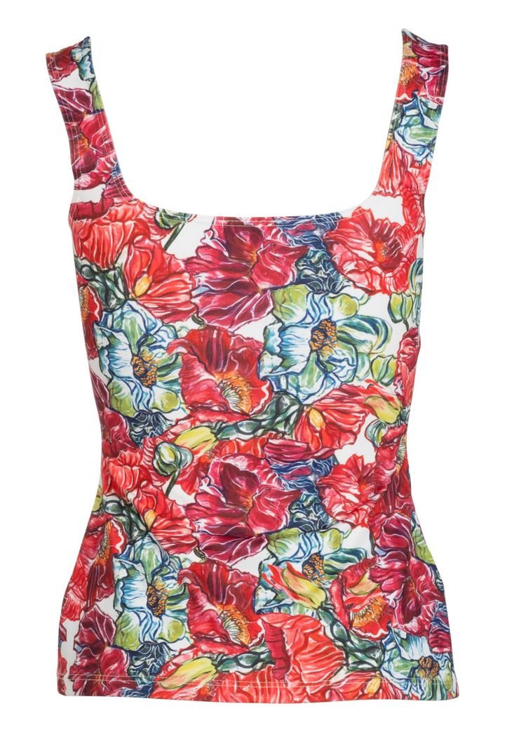 Image of the back of a stretch knit tank top in a red floral print by designer Ala von Auersperg for womens luxury travel clothing