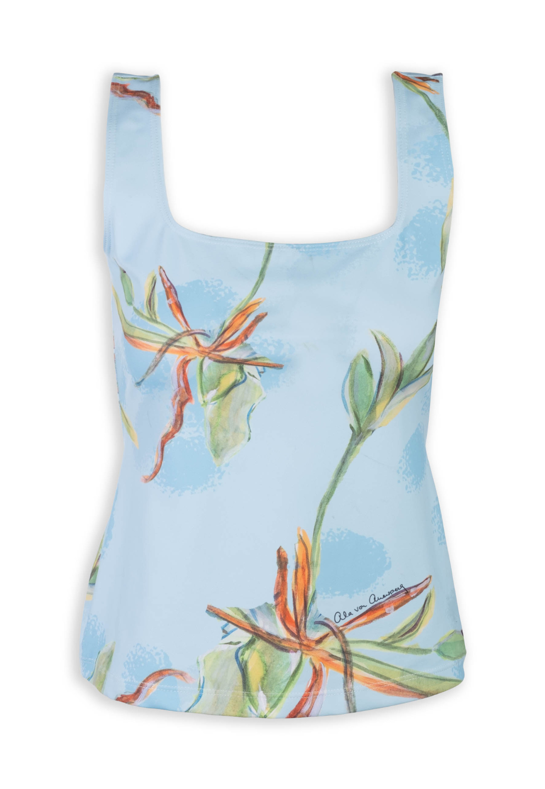 Flat image of a blue floral printed tank top by designer Ala von Auersperg for womens luxury travel clothing