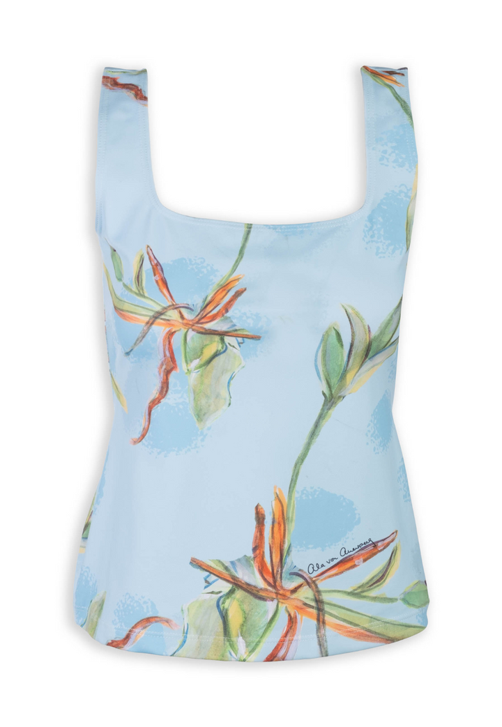Flat image of a blue floral printed tank top by designer Ala von Auersperg for womens luxury travel clothing