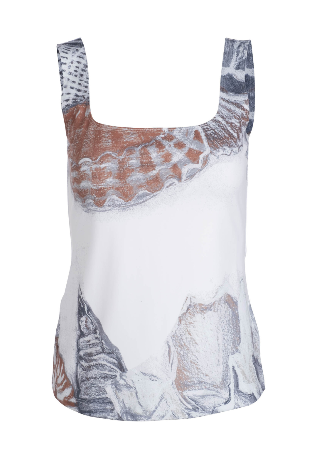 Flat image of a brown and white nautical printed stretch knit tank top by designer Ala von Auersperg for womens luxury travel clothing