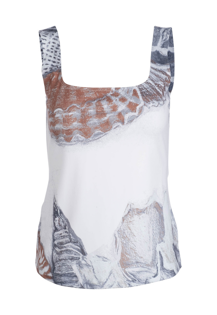 Flat image of a brown and white nautical printed stretch knit tank top by designer Ala von Auersperg for womens luxury travel clothing