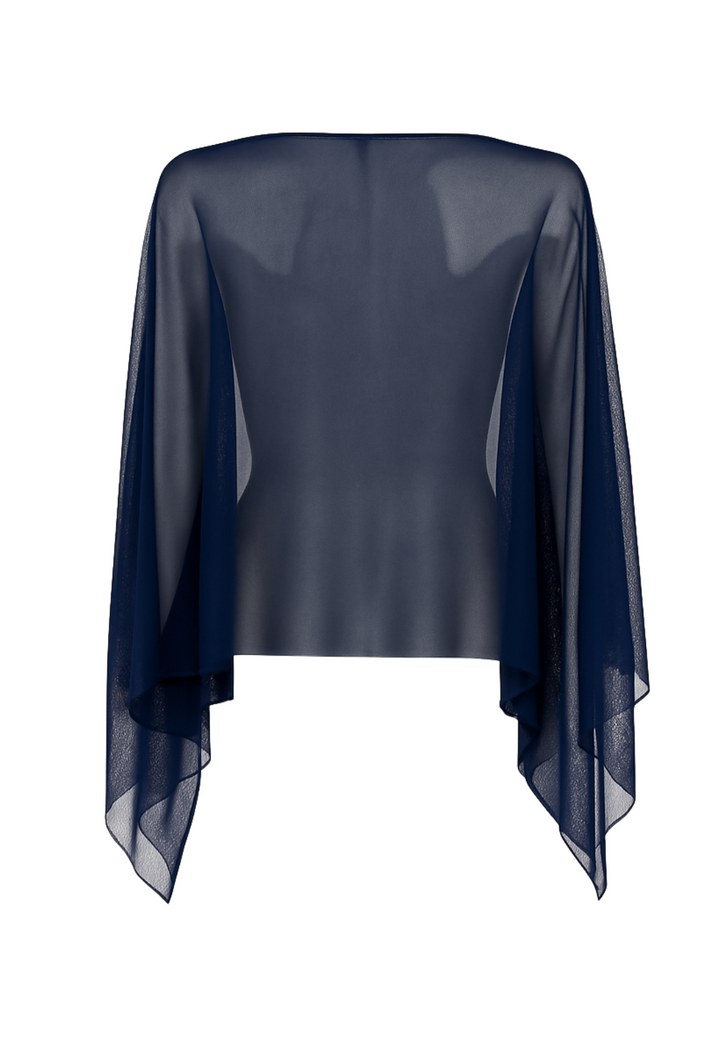 Image of the back of a sheer mesh navy poncho by designer Ala von Auersperg for womens luxury travel clothing