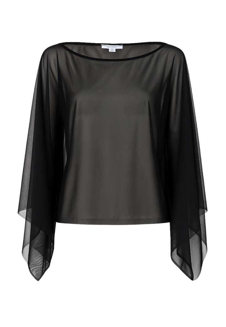 Image of a black sheer top in mesh by designer Ala von Auersperg for womens luxury travel clothing
