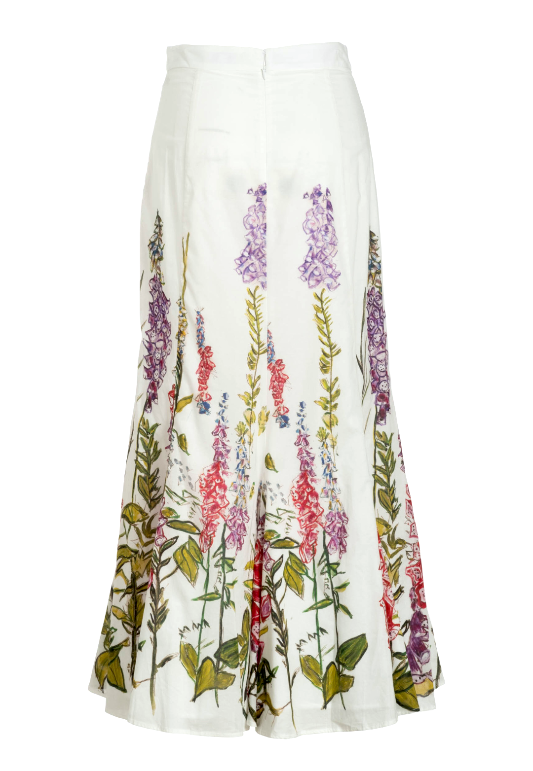 Flat image of the back of a cotton white floral printed skirt by designer Ala von Auersperg for womens luxury travel clothing