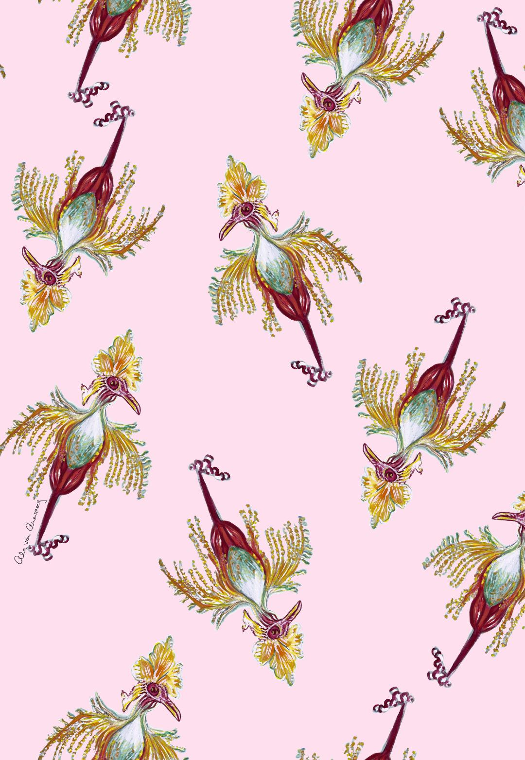 Pattern of stylized plants with colorful leaves on a pink background