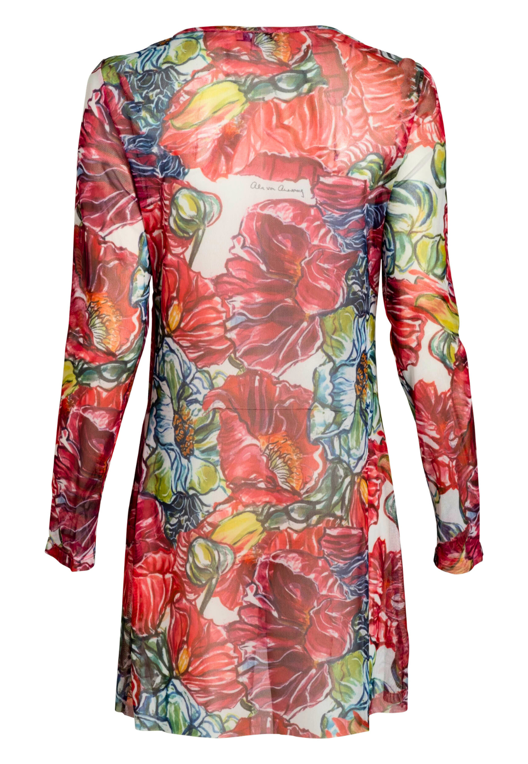 Image of a long sleeve mesh sheer top in a red floral print by designer Ala von Auersperg for womens luxury travel clothing