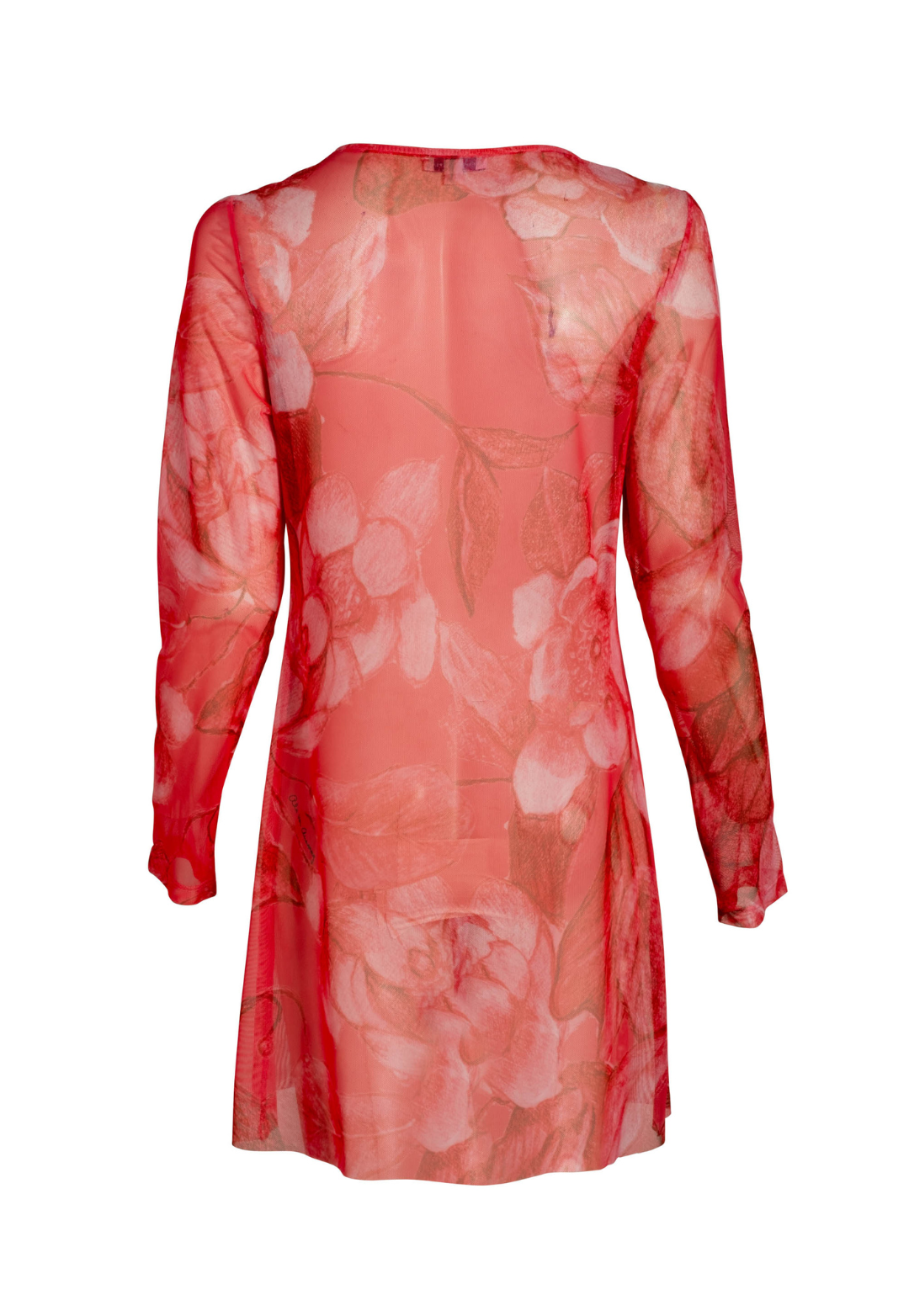 Flat image of a mesh top in a rose print by designer Ala von Auersperg for women's luxury travel clothing