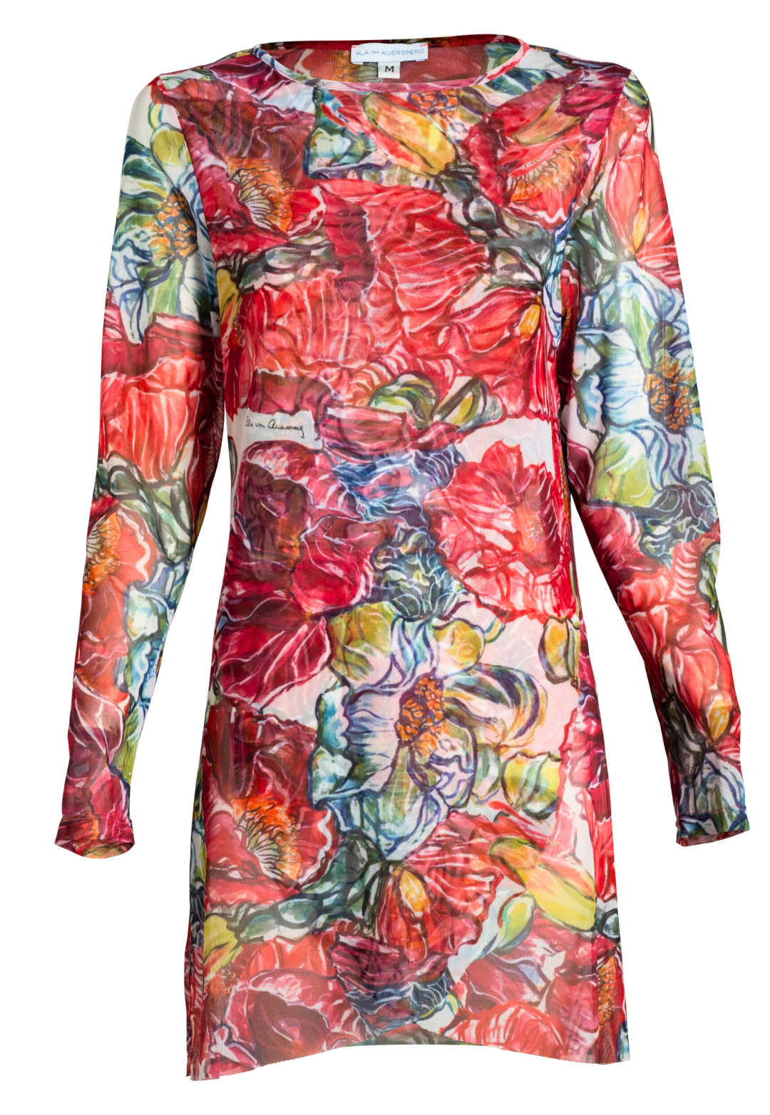 Image of a long sleeve mesh sheer top in a red floral print by designer Ala von Auersperg for womens luxury travel clothing