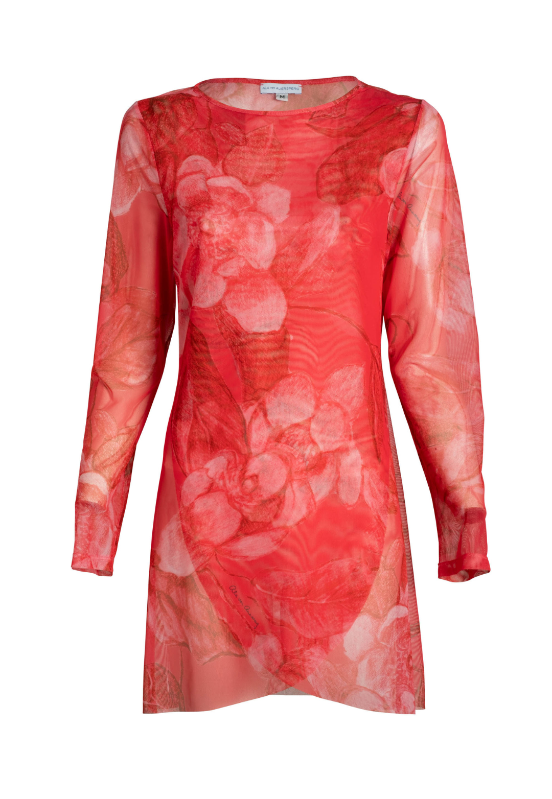 Image of a red rose printed mesh sheer long sleeve top by designer Ala von Auersperg for women's luxury travel clothing