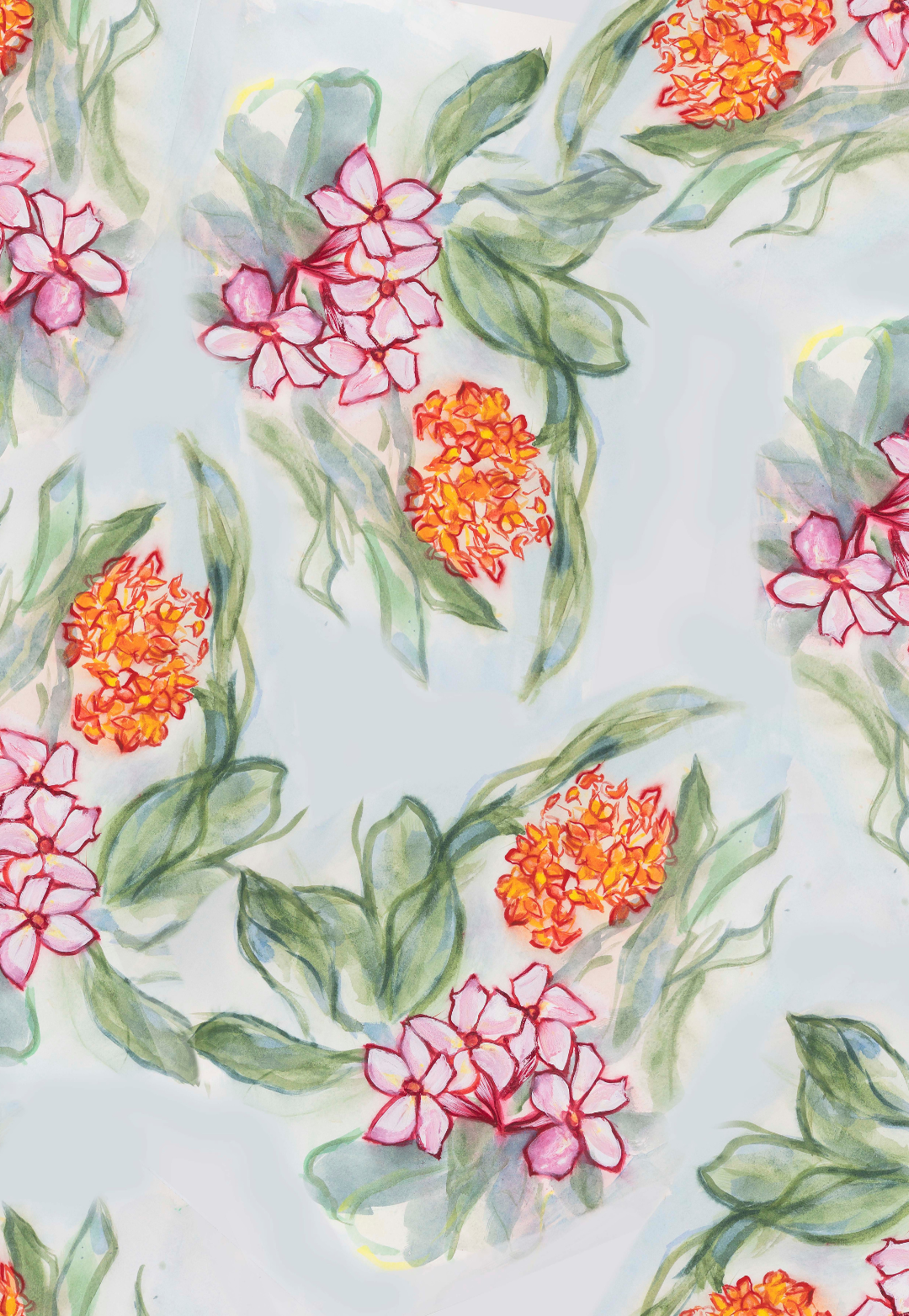 tropical floral print with orang yellow pink and green by Ala von Auersperg for summer 2024