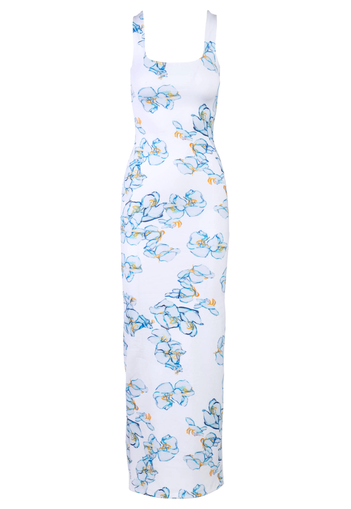 long flora printed white and blue orchid stretch knit dress by Ala von Auersperg for spring 2024
