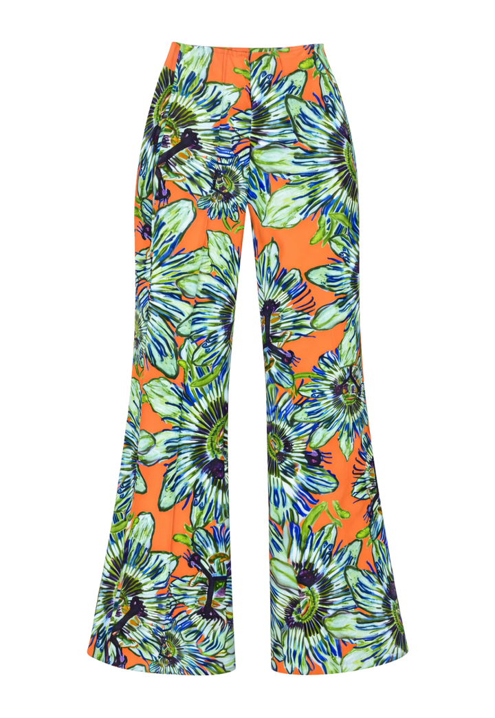 Orange and blue green floral printed stretch pants