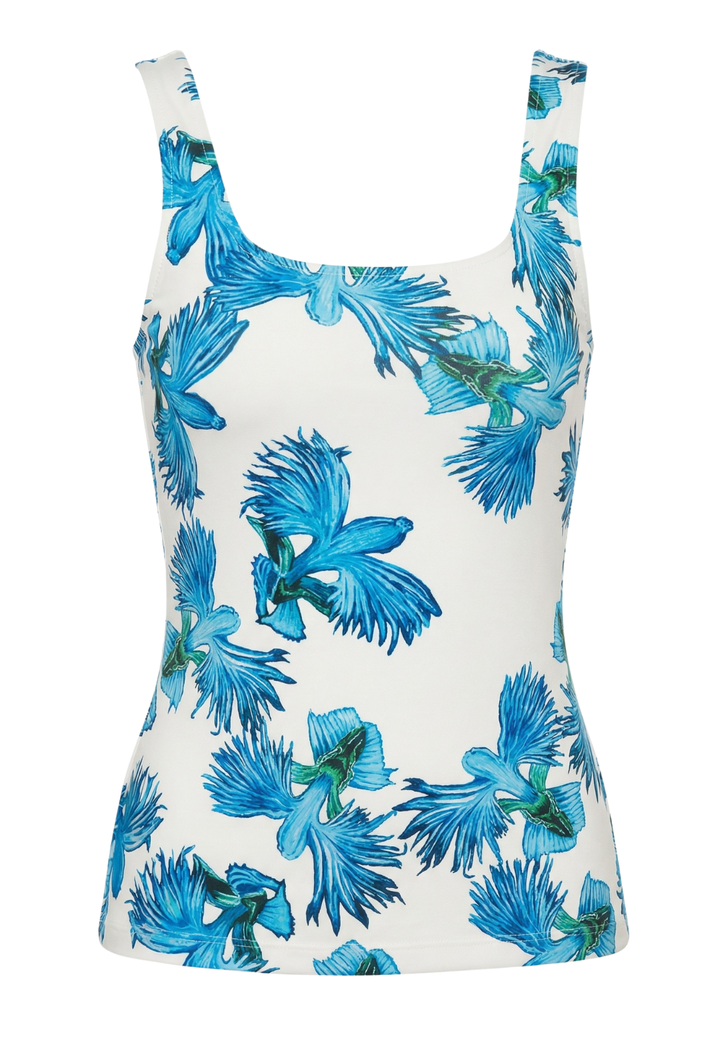 White tank top with blue floral pattern on a white background