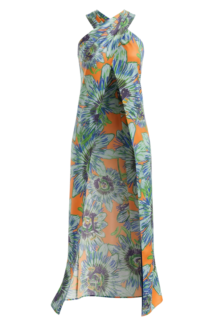 Image of a reversible silk top in an orange blue and green floral print