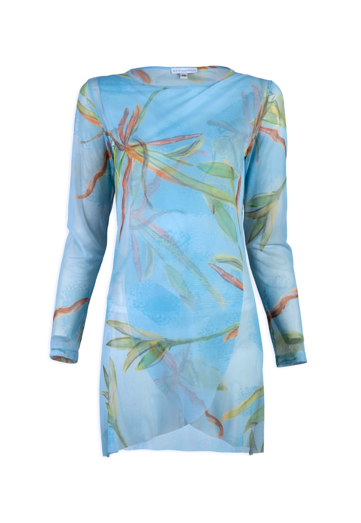 mesh green blue bamboo printed long sleeve tunic by Ala von Auersperg for resort 2024